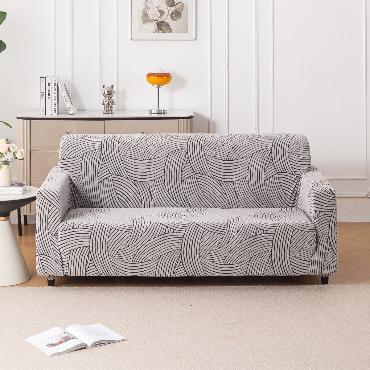 Buy classic white colour waveline series jacquard sofa cover - 3 seater