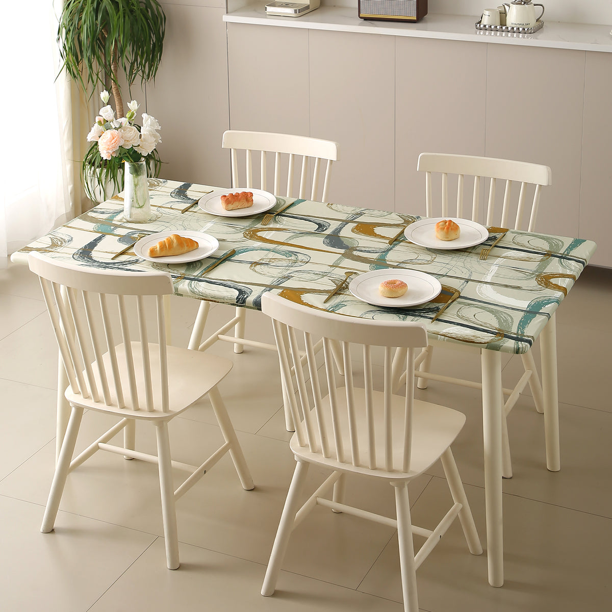 Buy Parchement Beige Abstract Art Print Water-Repellent Dining Table Cover - HOKIPO | Har Ghar Ka Humsafar