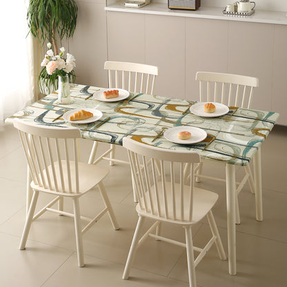 Printed Stretch Fit Water-Repellent & Anti-Slip Table Cloth Cover for 4 Seater / 6 Seater, Parchement Beige Abstract Art