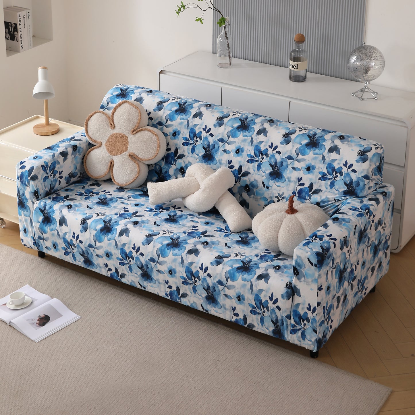 Premium Printed Velvet Sofa Cover 1/2/3 Seaters Fully Covered, Blue Azure Botanical