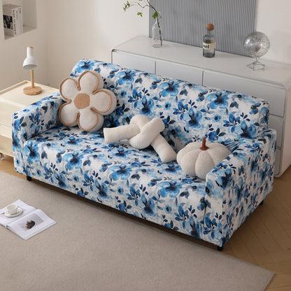 Premium Printed Velvet Sofa Cover 1/2/3 Seaters Fully Covered, Blue Azure Botanical
