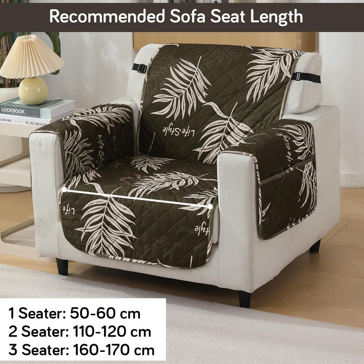 Quilted Waterproof Sofa Cover Mat with Pockets on Armrest Cover - Palm Leaves Olive