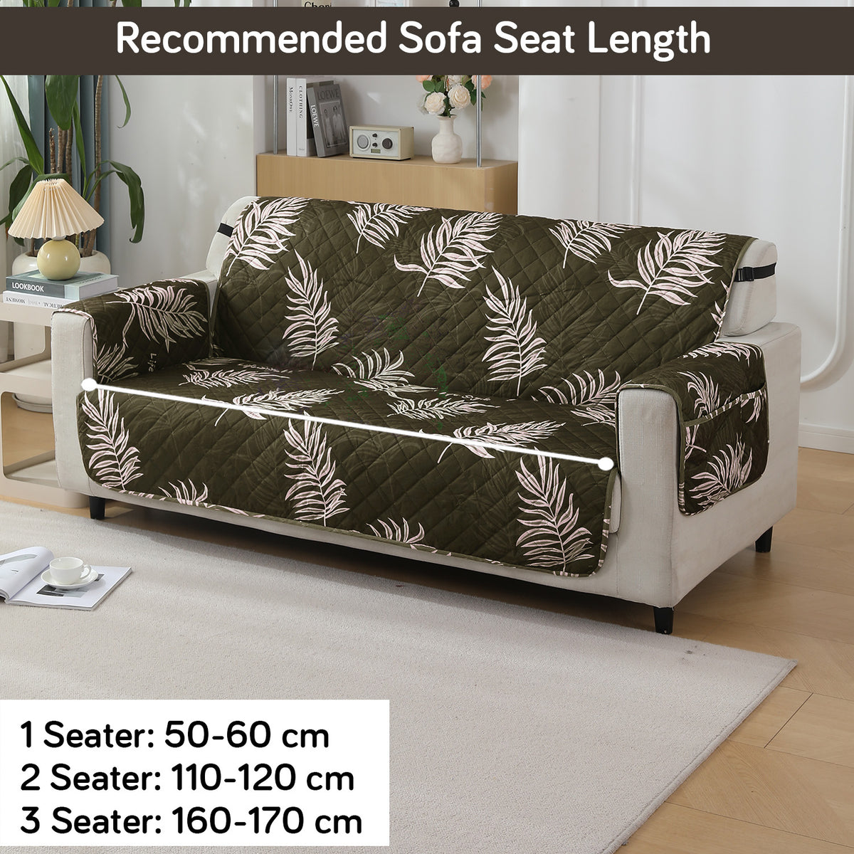 Quilted Waterproof Sofa Cover Mat with Pockets on Armrest Cover - Palm Leaves Olive