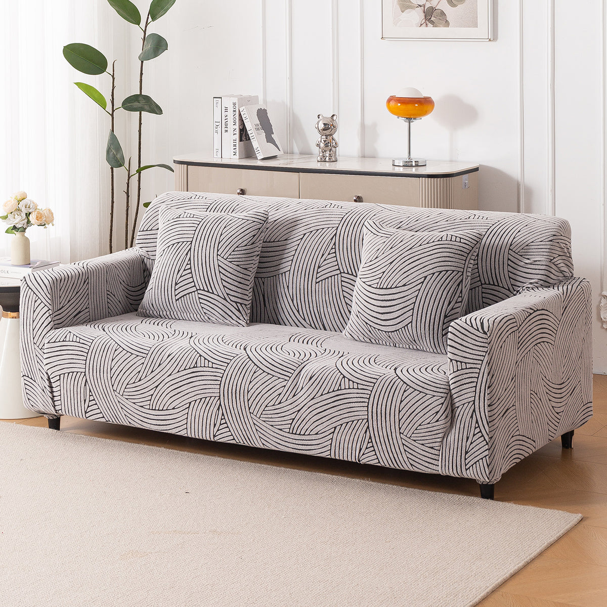 Buy ash grey colour waveline series jacquard 4 seater sofa cover ( cushion & polliw covers)