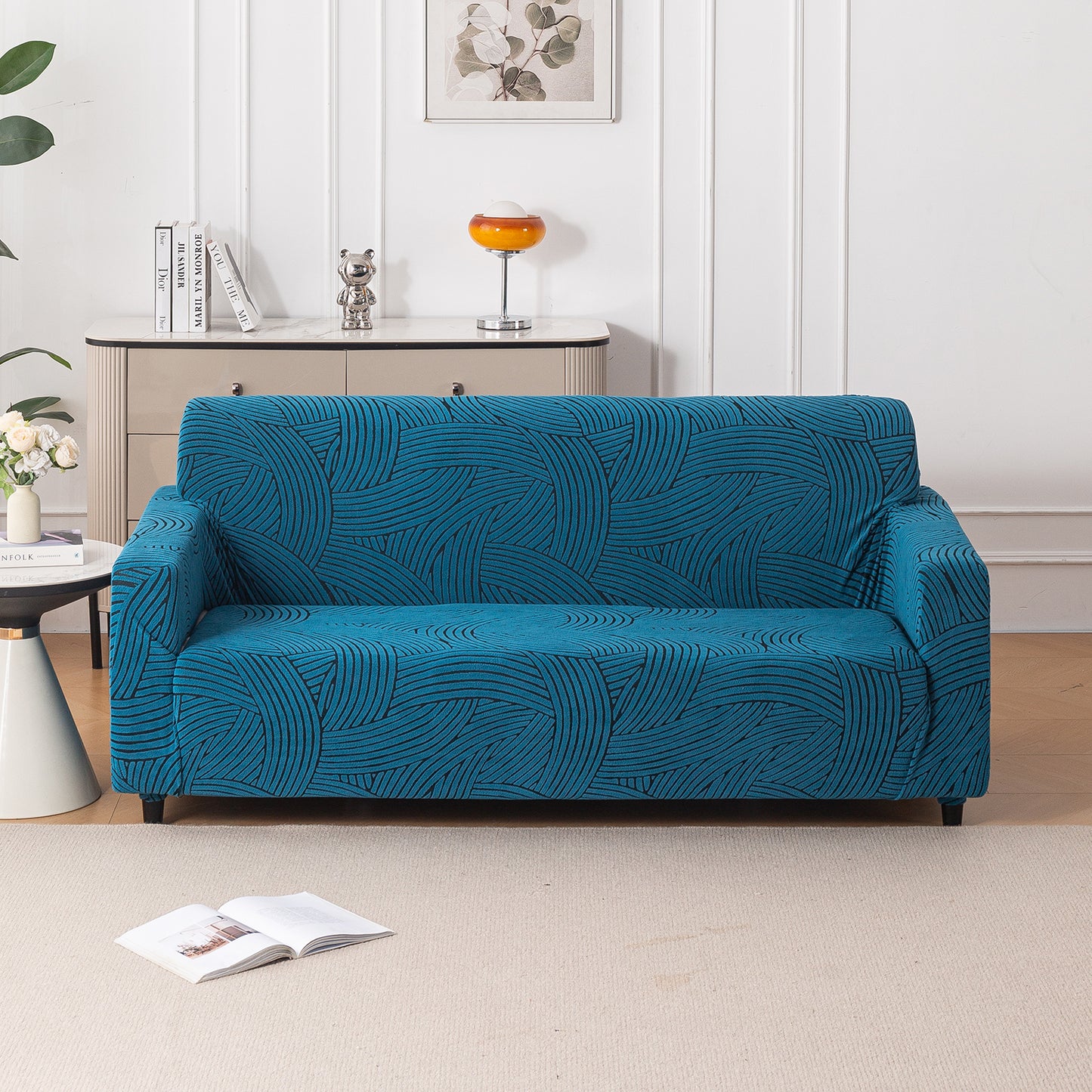 'WaveLine Series' Jacquard Sofa Cover 1/2/3/4-seater Fully Covered, Teal Green