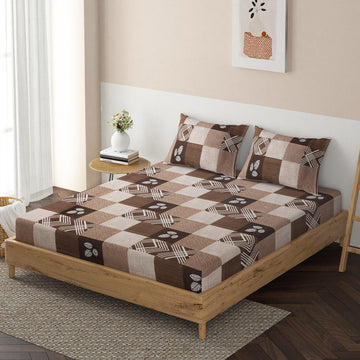 140 GSM Microfiber Fitted Bedsheet with 2 Pillow Covers for Queen / King Size bed, Roast Brown Floral Checks - HOKIPO | Har Ghar ka Humsafar