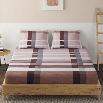 140 GSM Microfiber Fitted Bedsheet with 2 Pillow Covers for Queen / King Size bed, Striped Nut Brown - HOKIPO | Har Ghar ka Humsafar