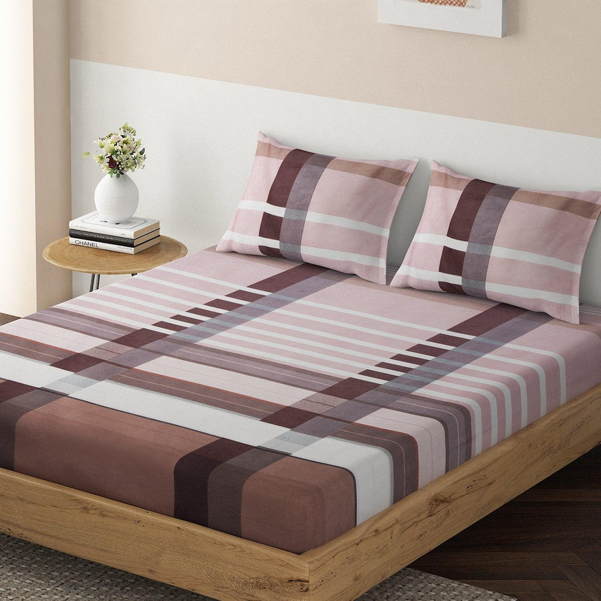 140 GSM Microfiber Fitted Bedsheet with 2 Pillow Covers for Queen / King Size bed, Striped Nut Brown - HOKIPO | Har Ghar ka Humsafar