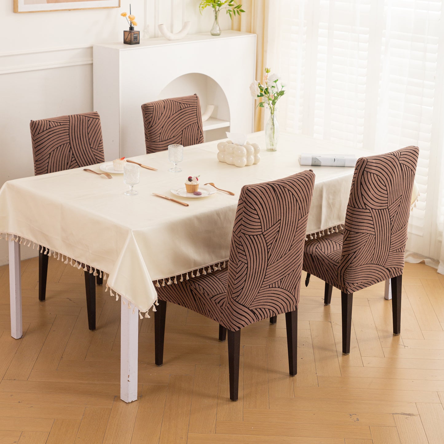 WaveLine Series 180 GSM Jacquard Chair Cover Set of 1/2/4/6, Rust Brown