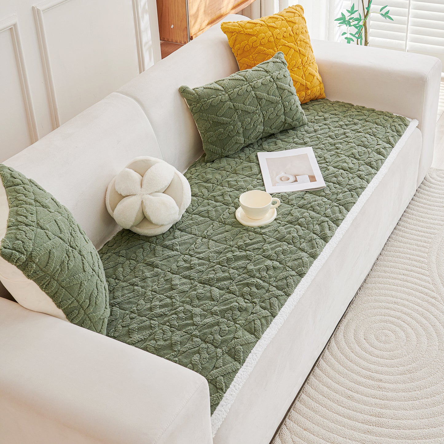 'Italian Caelora' Luxury Jacquard Plush Sofa Cover Mat and Anti-Slip Armrest Covers - Sage Green