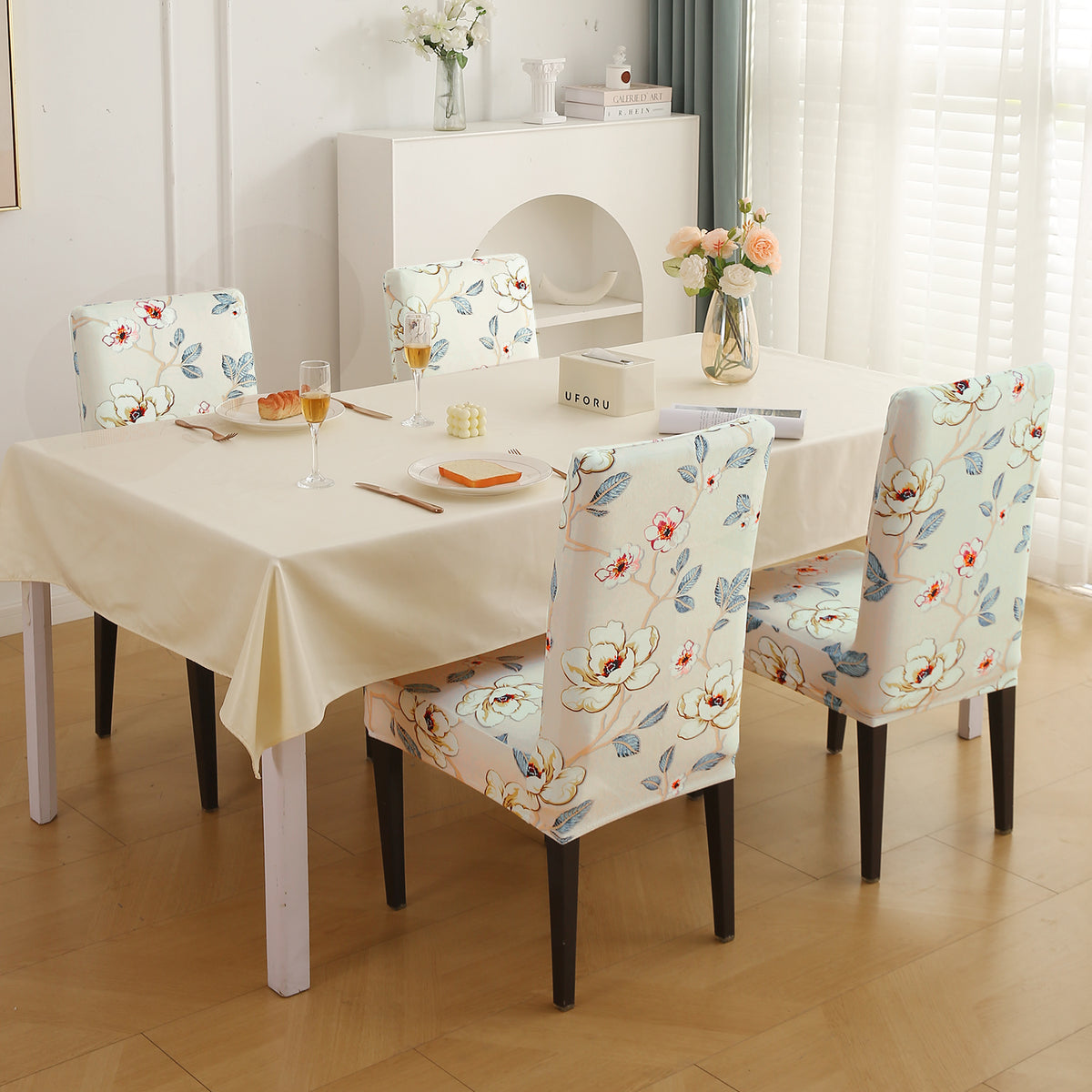 Premium Printed Velvet Dining Chair Cover Set, Buttercream Magnolia Whisper