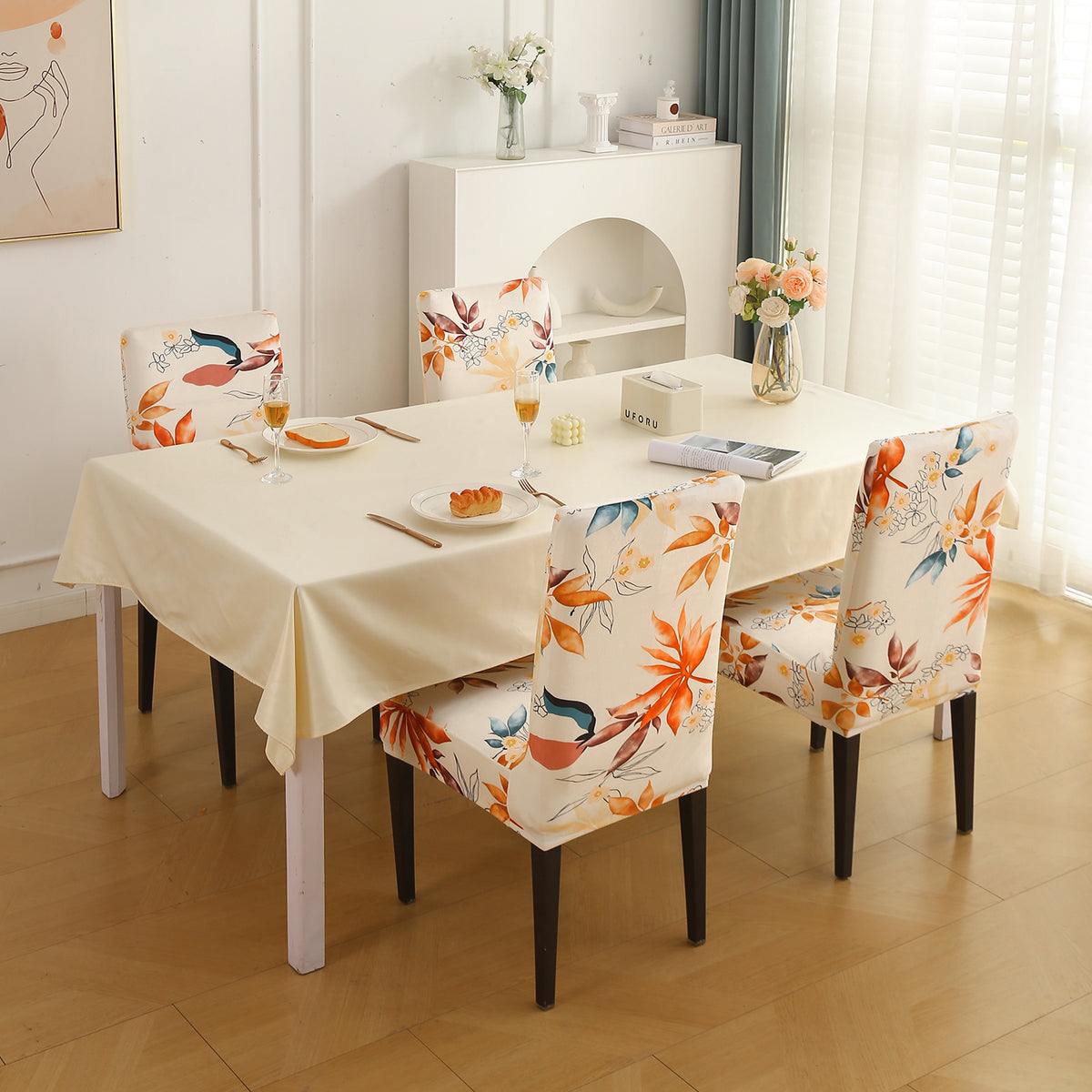 Premium Printed Velvet Dining Chair Cover Set, Amber Serene Flora
