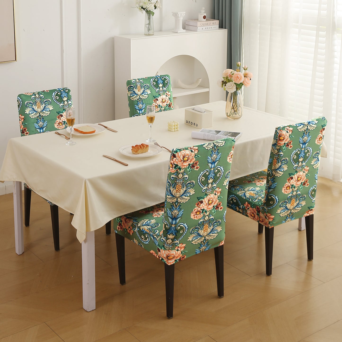 Premium Printed Velvet Dining Chair Cover Set, Green Victorian Garden
