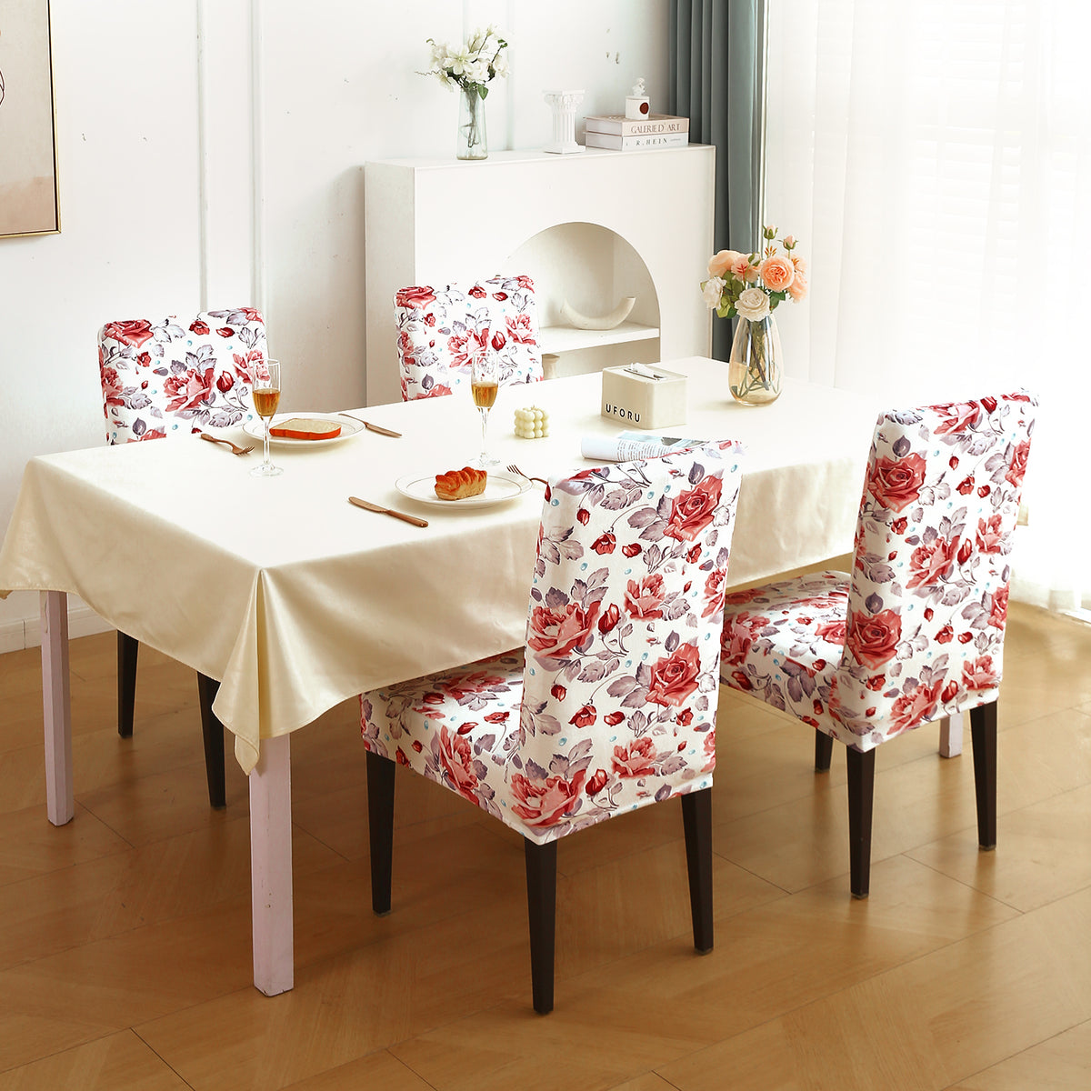 Premium Printed Velvet Dining Chair Cover Set, Red Cottage Rose