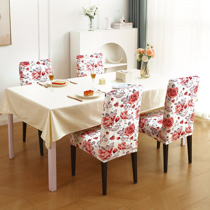 Premium Printed Velvet Dining Chair Cover Set, Red Cottage Rose