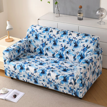 Premium Printed Velvet Sofa Cover 1/2/3 Seaters Fully Covered, Blue Azure Botanical