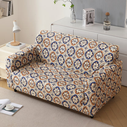 Premium Printed Velvet Sofa Cover 1/2/3 Seaters Fully Covered, Indigo Moroccan Charm