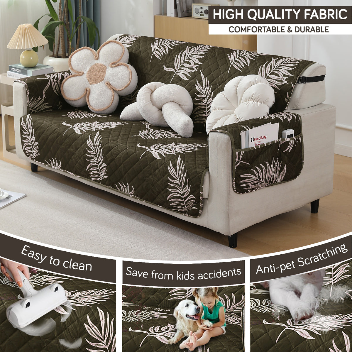 Quilted Waterproof Sofa Cover Mat with Pockets on Armrest Cover - Palm Leaves Olive