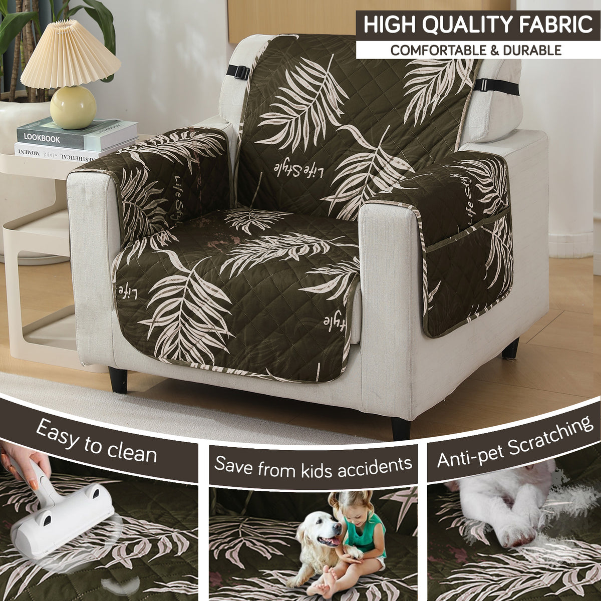 Quilted Waterproof Sofa Cover Mat with Pockets on Armrest Cover - Palm Leaves Olive