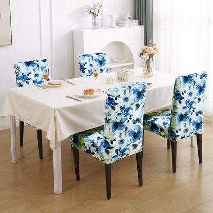 Premium Printed Velvet Dining Chair Cover Set, Blue Azure Botanical