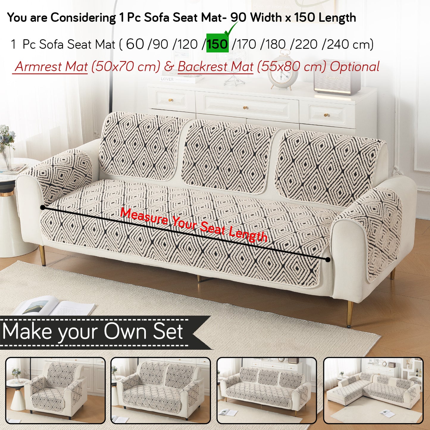 Luxury Plush Sherpa Anti-Slip Sofa Cover Mat, 'Noirea Series'| Geometric Diamond