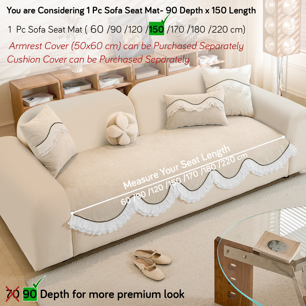 French Classic Frill Wavy Sofa Cover Mat, Champagne Beige