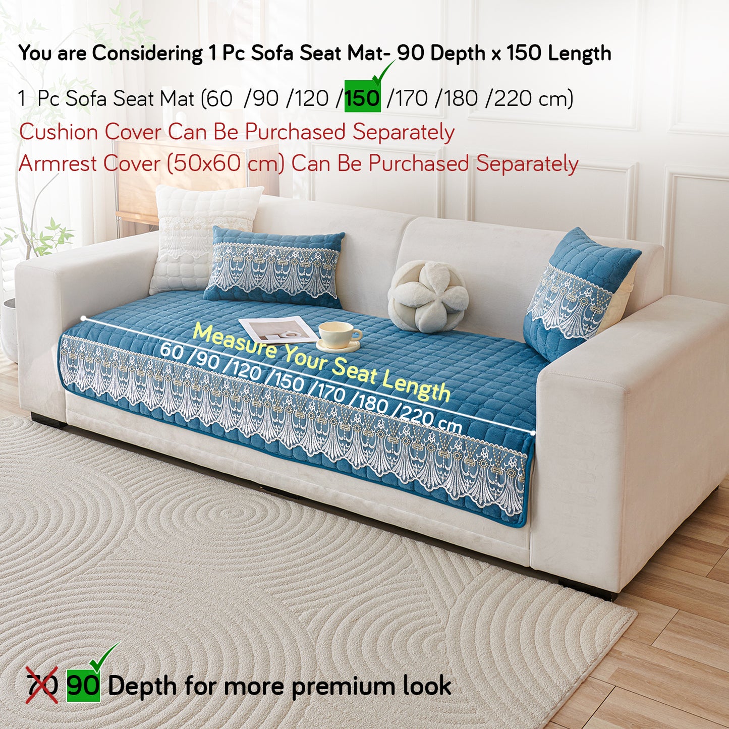 BelleLace Series Imperial Milk Velvet Sofa Cover Mat with Lace Design - Celdaon Blue
