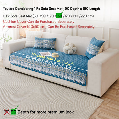 BelleLace Series Imperial Milk Velvet Sofa Cover Mat with Lace Design - Celdaon Blue