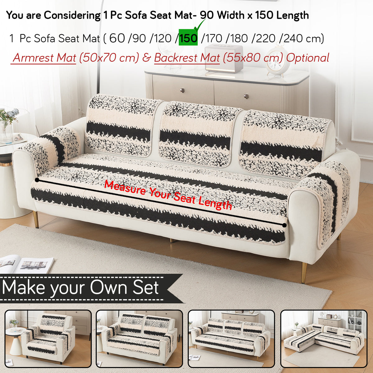 Luxury Plush Sherpa Anti-Slip Sofa Cover Mat, 'Noirea Series'| Textured Stripe