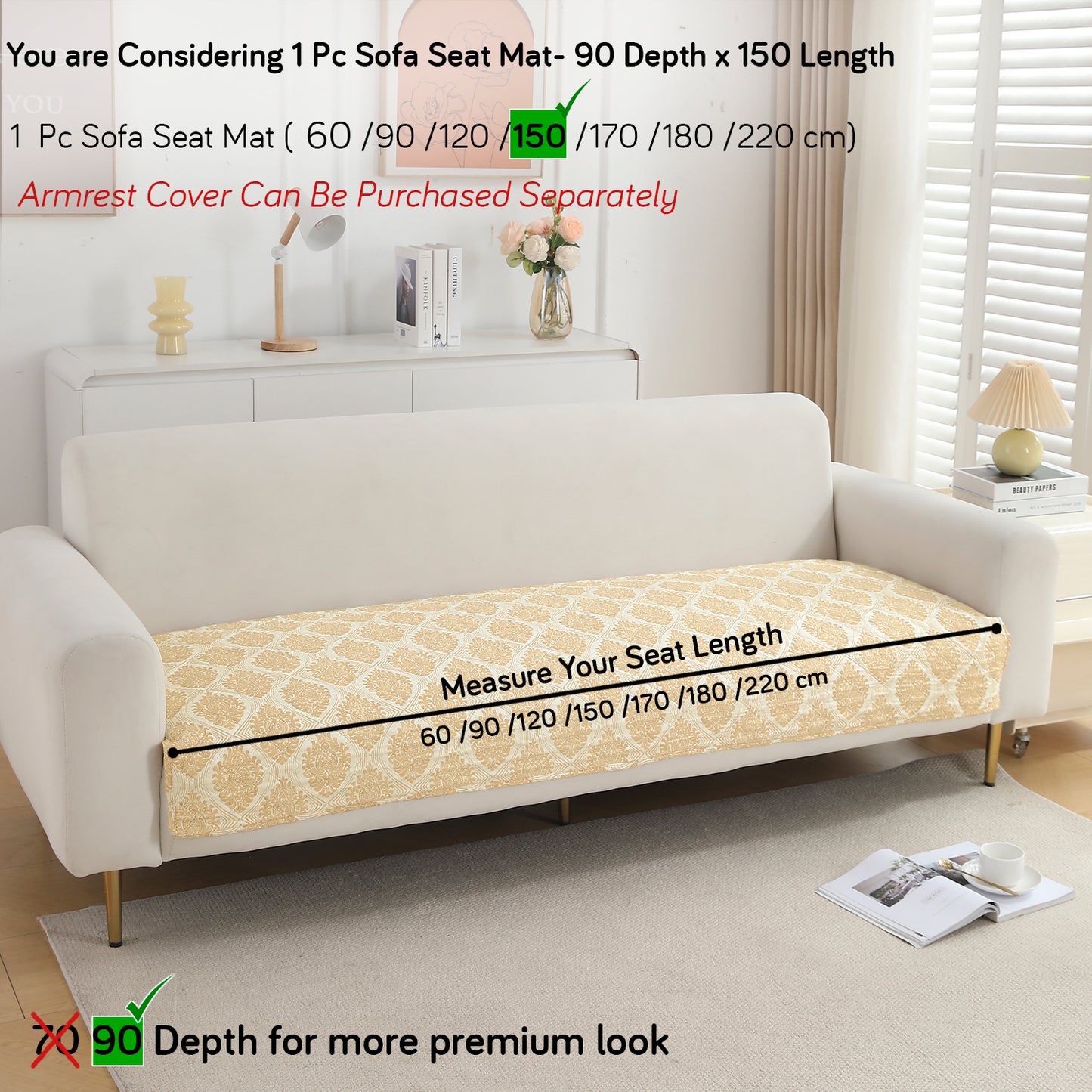 Polyester Printed Quilted Sofa Cover Mats, Ogee Ivory