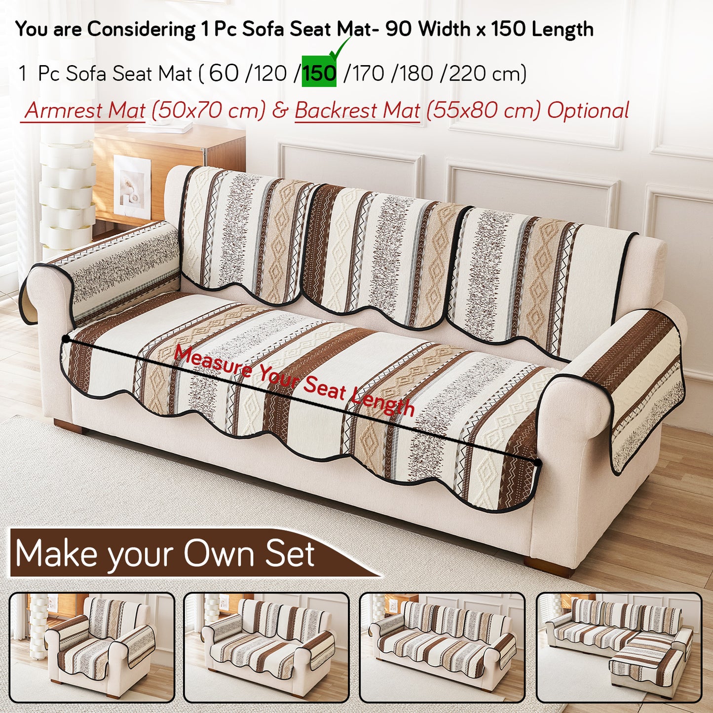 HOKIPO Boho Geometry Sofa Cover Mat|'Valenca Wavy Luxe Series' Earth Brown