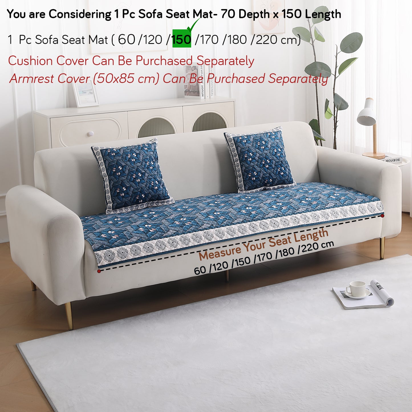 LiefNest Holland Velvet Sofa Cover Mat with Foam Filling - Geometric Floral Oriental Blue