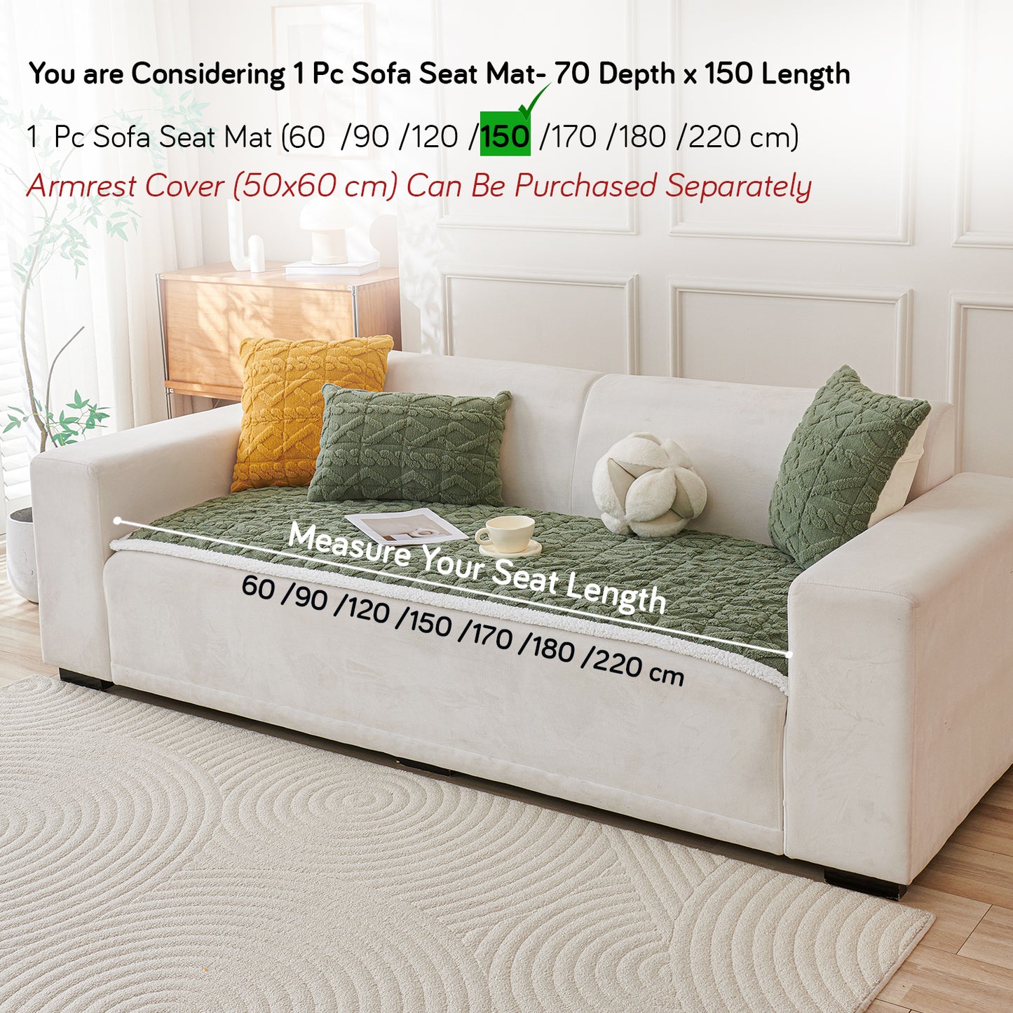 'Italian Caelora' Luxury Jacquard Plush Sofa Cover Mat and Anti-Slip Armrest Covers - Sage Green
