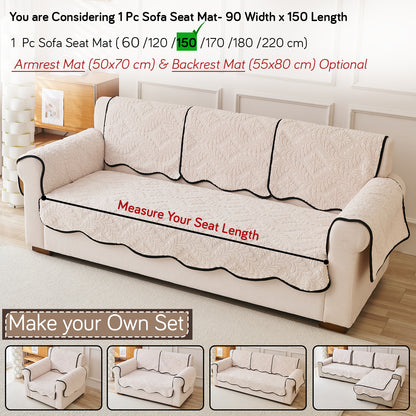 Embossed Floral Jacquard Anti-Slip Sofa Cover Mat, 'Wavy Petal Crest Series' Light Cream