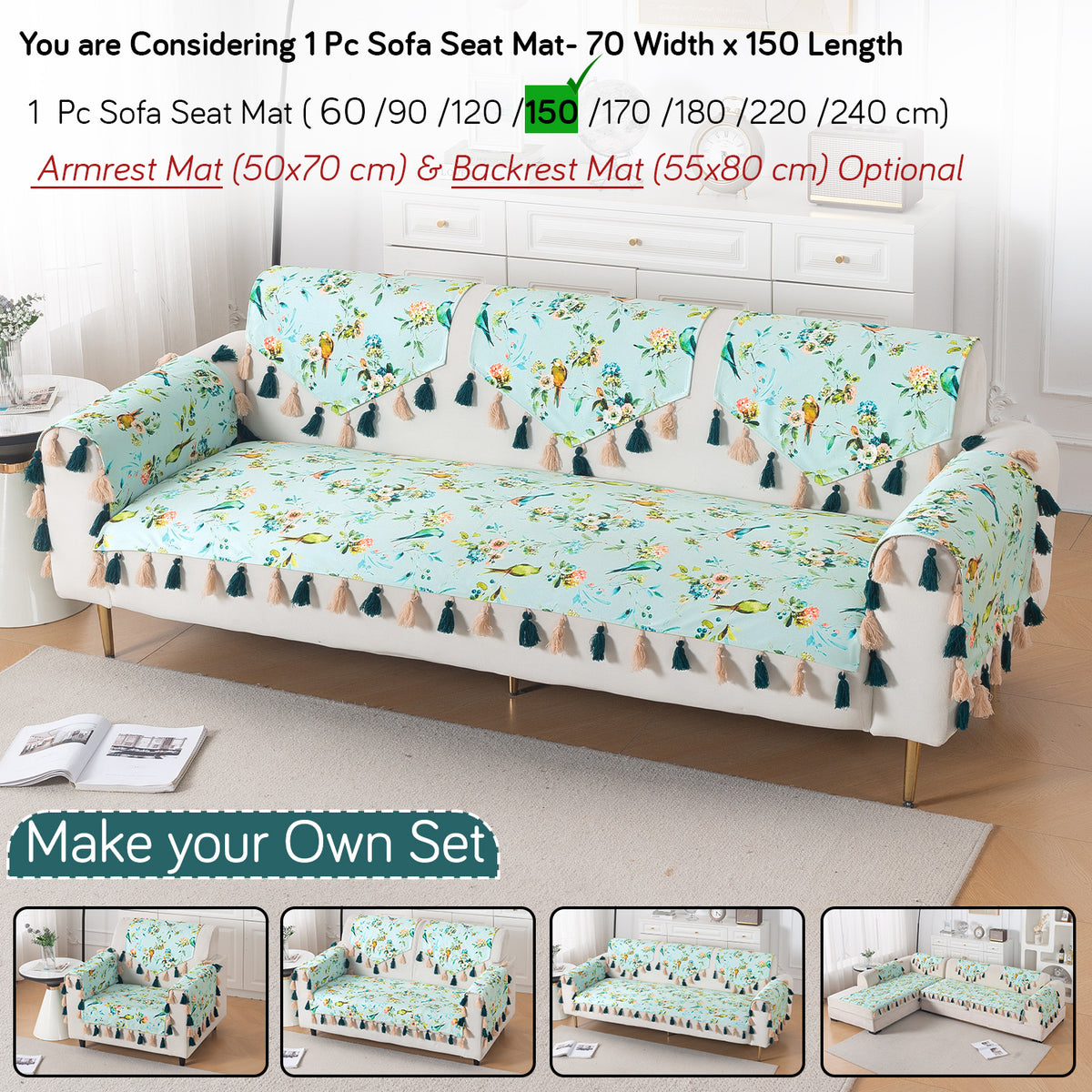 'Whispers of Nature' Series Holland Velvet Sofa Mat with Tassel, Mint Birdsong Blossom