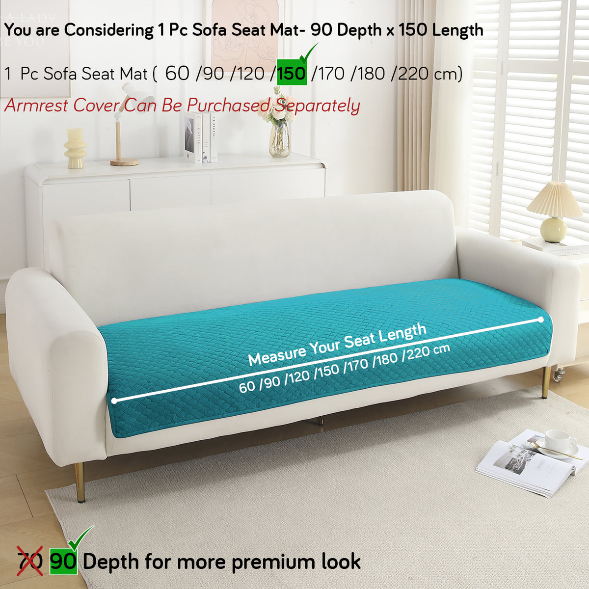 Polyester Quilted Sofa Cover Mats, Teal