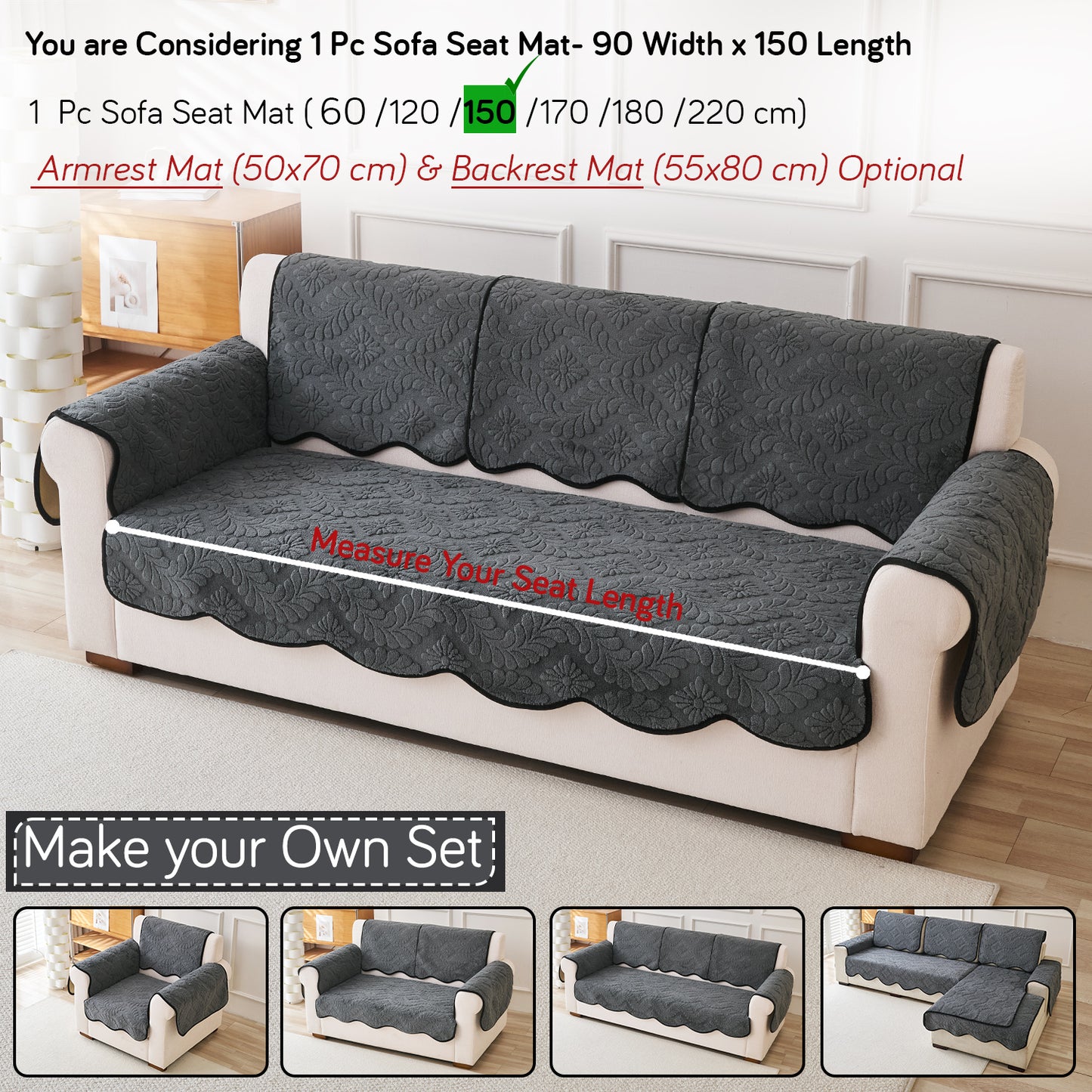 Embossed Floral Jacquard Anti-Slip Sofa Cover Mat, 'Wavy Petal Crest Series' Charcoal Grey
