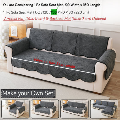 Embossed Floral Jacquard Anti-Slip Sofa Cover Mat, 'Wavy Petal Crest Series' Charcoal Grey