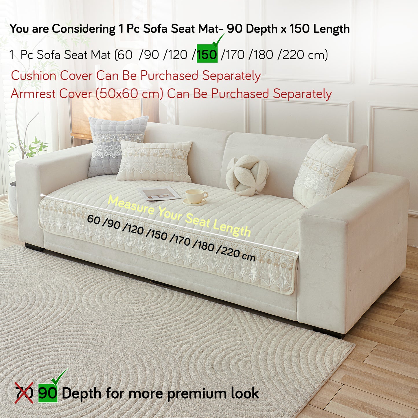BelleLace Series Premium Imperial Milk Velvet Sofa Cover Mat with Lace Design -  Pearl White