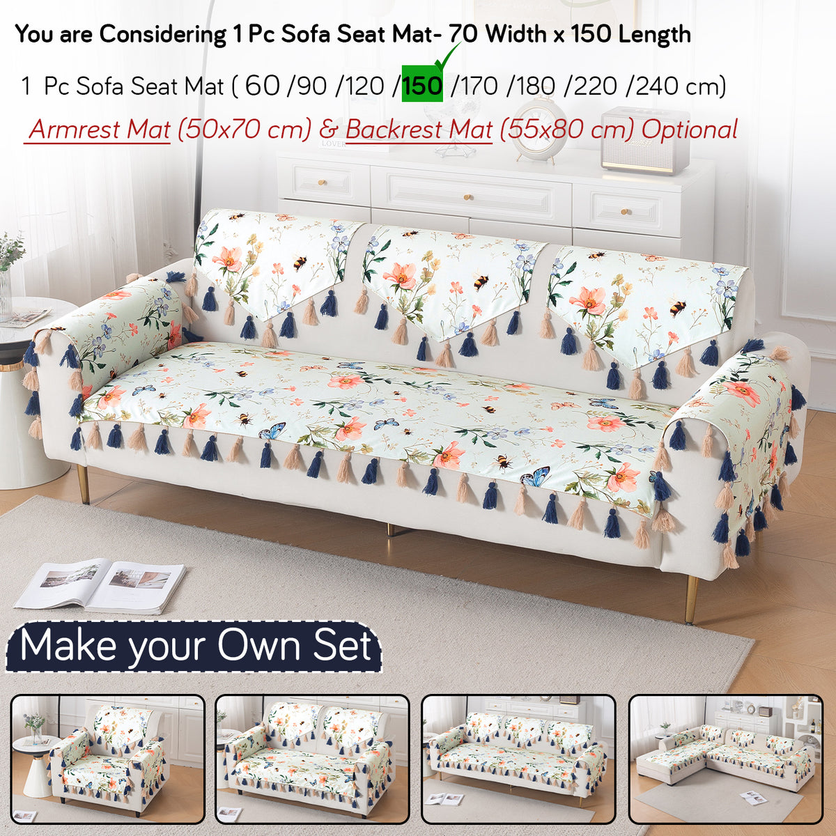 'Whispers of Nature' Series Holland Velvet Sofa Mat with Tassel, Pastel Butterfly Meadow