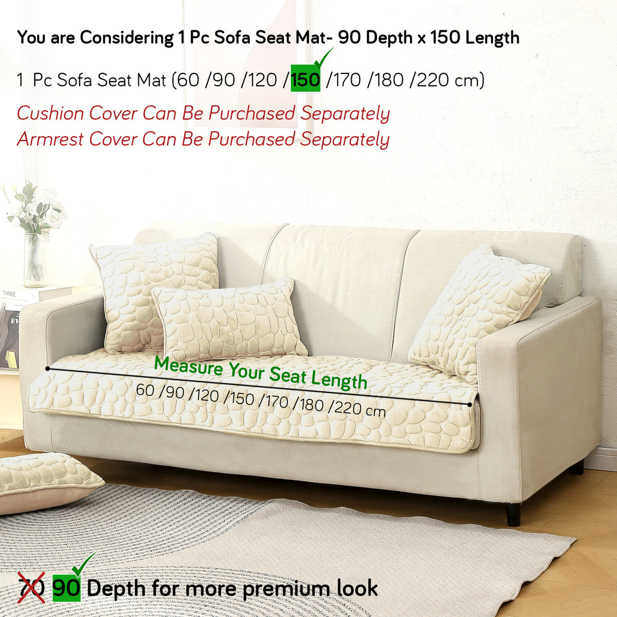 Premium Pebble Milk Velvet Anti Slip Sofa Mats, Bliss White