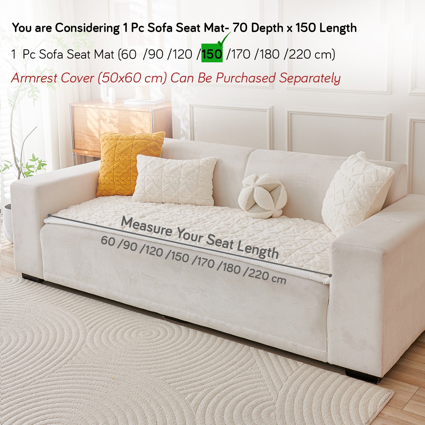 'Italian Caelora' Luxury Jacquard Plush Sofa Cover Mat and Anti-Slip Armrest Covers - Pearl Whit