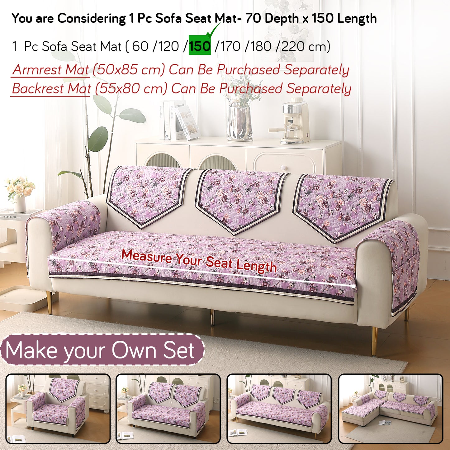 Florentina Series Premium Holland Velvet Sofa Cover Mat - Peony Lavender