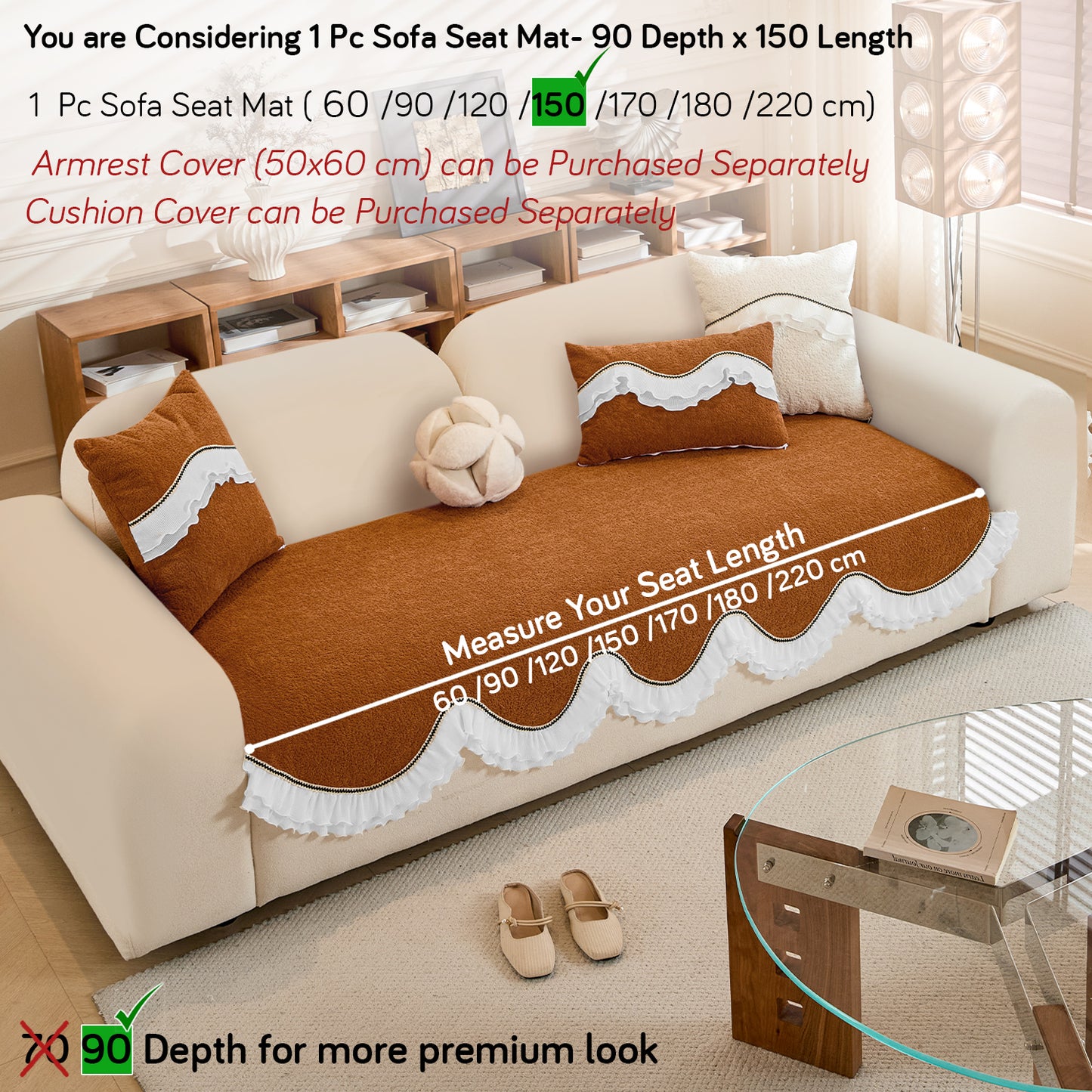 French Classic Frill Wavy Sofa Cover Mat, Copper Orange