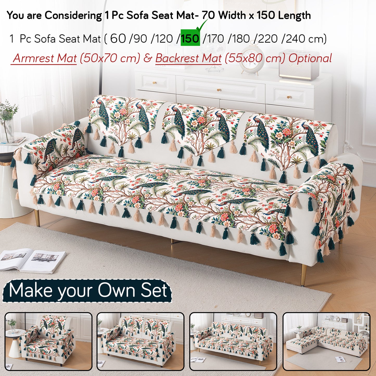 'Whispers of Nature' Series Holland Velvet Sofa Mat with Tassel, Multicolor Tropical Peacock