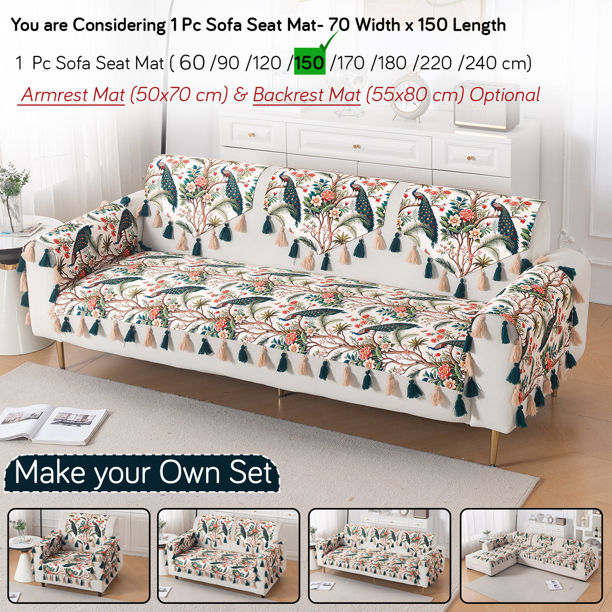 'Whispers of Nature' Series Holland Velvet Sofa Mat with Tassel, Multicolor Tropical Peacock