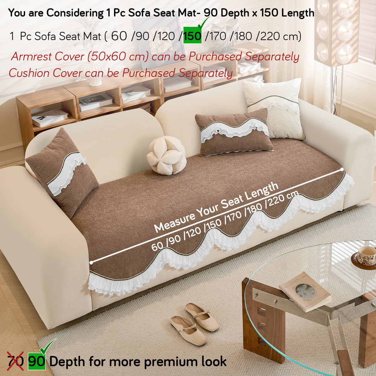 French Classic Frill Wavy Sofa Cover Mat, Mocha Luxe Brown
