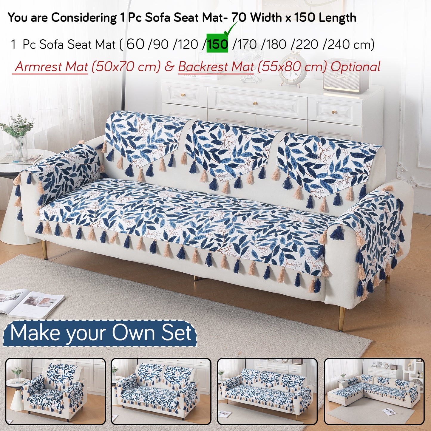 'Whispers of Nature' Series Holland Velvet Sofa Mat with Tassel, Indigo Foliage