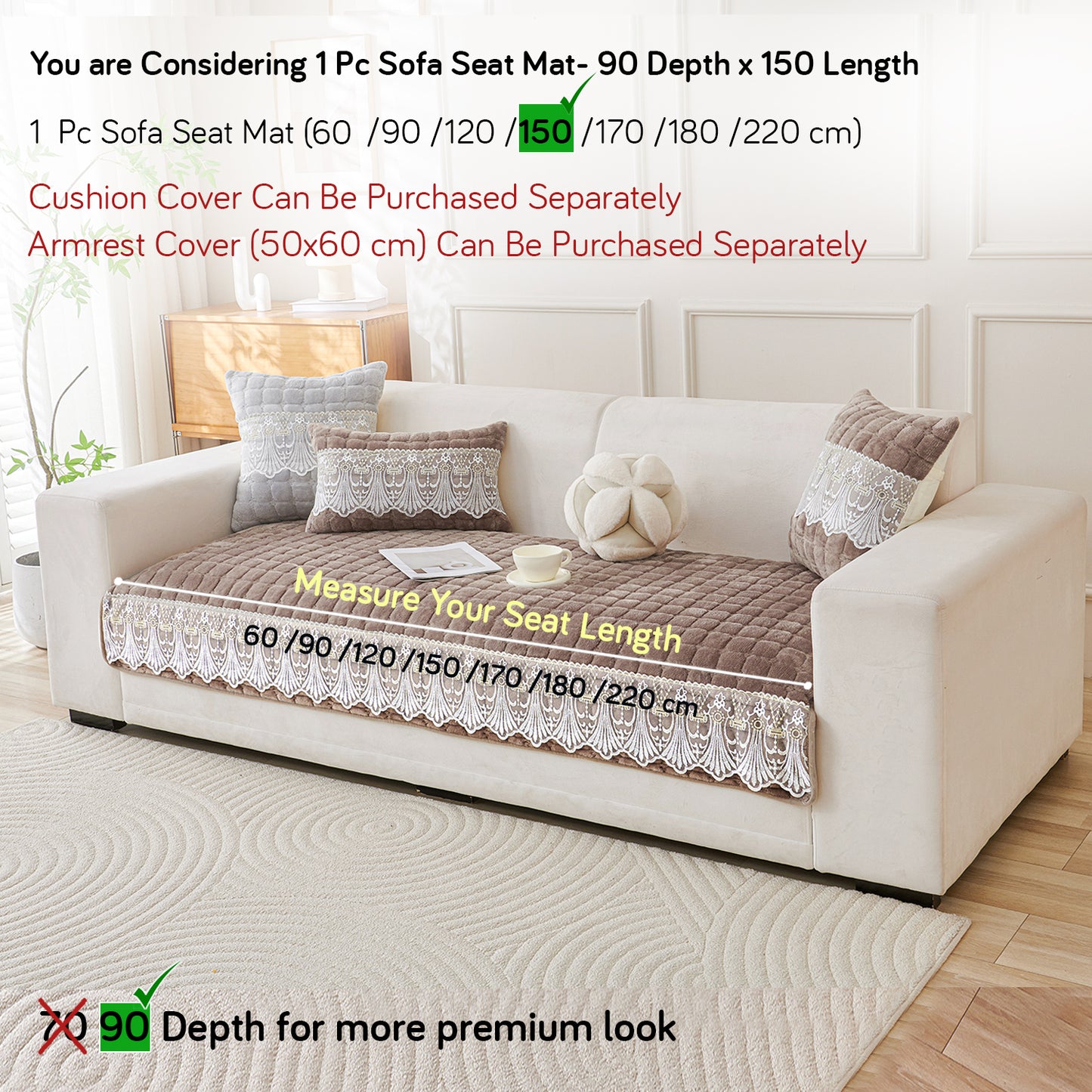 BelleLace Series Premium Imperial Milk Velvet Sofa Cover Mat with Lace Design -  Mocha Brown
