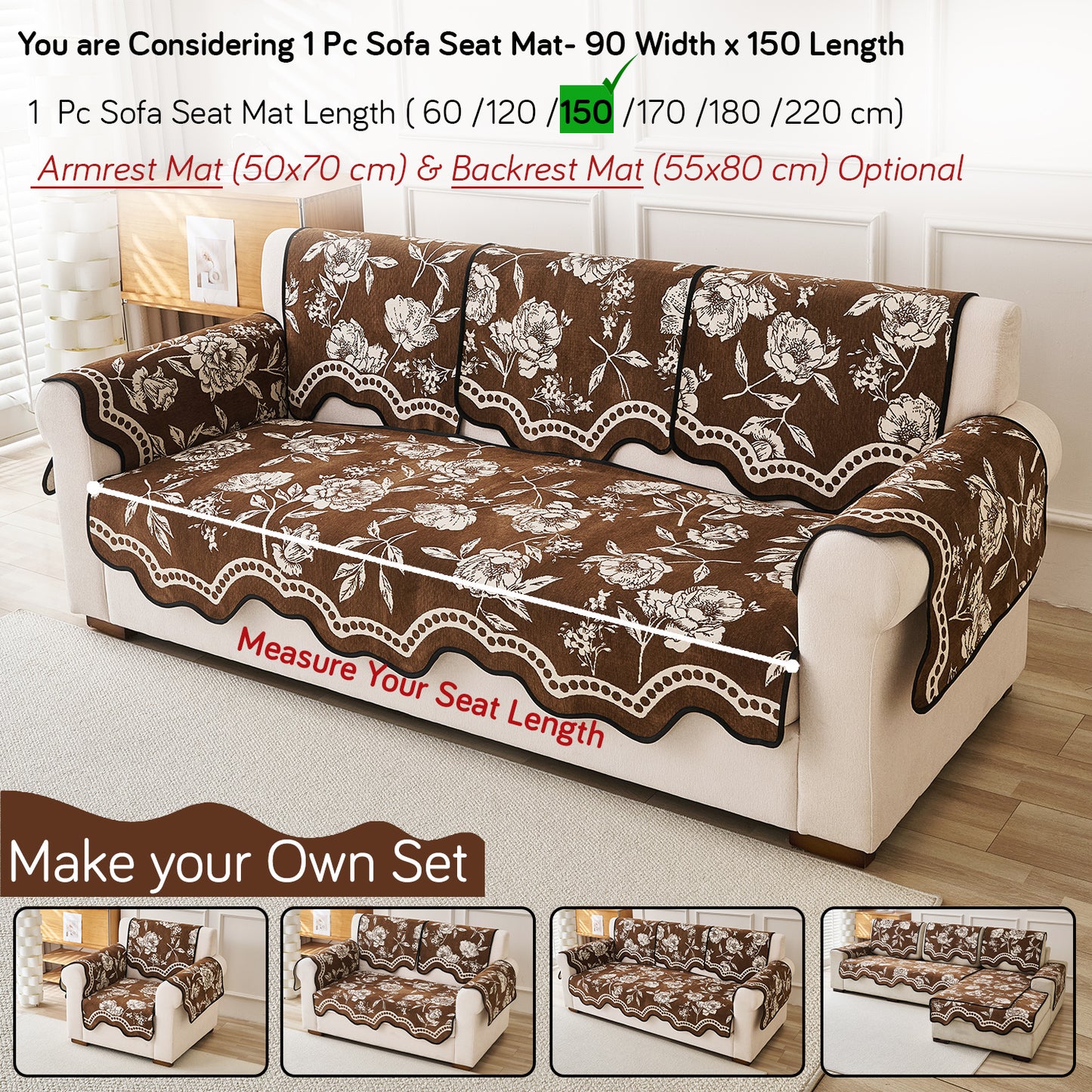 Chenille Sofa Cover Mat with Curvy Edges, 'Retro Curves Series' Sofa Mat, Walnut Brown